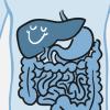 Cartoon of a smiling liver next to the stomach and intestines within the body.