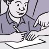 Illustration of a man helping his son with schoolwork.