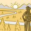 Illustration of a woman watching a sunset from atop a mountain Illustration of a woman watching a sunset from atop a mountain.