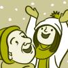 Illustration of a happy older person and child bundled up in wintry outerwear on a snowy day Illustration of a happy older person and child bundled up in wintry outerwear on a snowy day.