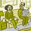 Illustration of a smiling older man and woman sitting on the couch with a walking cane nearby.