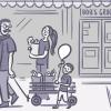 Illustration of a man, woman, and child walking with bags from a local grocery store Illustration of a man, woman, and child walking with bags from a local grocery store.