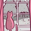 Illustration of cat sitting on a windowsill looking out at trees, flowers, and specks of pollen Illustration of cat sitting on a windowsill looking out at trees, flowers, and specks of pollen.