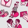Illustrated collage of fruits and vegetables; a doctor and patient; a man lifting weights; a woman sleeping; a scale; and jigsaw puzzle pieces.