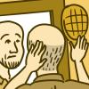 Illustration of a man looking in the mirror and touching his balding head Illustration of a man looking in the mirror and touching his balding head