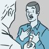 Illustration of a doctor holding a vial of blood while talking with a patient.
