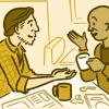 Illustration of two men having coffee and talking