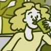 Illustration of a woman sitting on the couch with a dog at a party Illustration of a woman sitting on the couch with a dog at a party