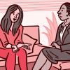 Illustration of a woman talking with a mental health professional Illustration of a woman talking with a mental health professional