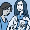 Illustration of a doctor showing a female patient a diagram of the pelvis Illustration of a doctor showing a female patient a diagram of the pelvis