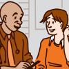 Illustration of a man holding his neck in pain while talking to a doctor Illustration of a man holding his neck in pain while talking to a doctor
