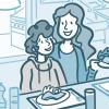Illustration of a woman and child eating a healthy dinner Illustration of a woman and child eating a healthy dinner