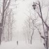 Person walking down a street filled with snow Person walking down a street filled with snow