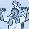 Illustration of a man lifting weights with a personal trainer Illustration of a man lifting weights with a personal trainer