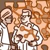 Illustration of two scientists talking in front of a puzzle of a complex molecule Illustration of two scientists talking in front of a puzzle of a complex molecule