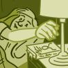 Illustration of man shutting off light and getting in bed Illustration of man shutting off light and getting in bed