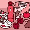 Illustration of a scale, sunscreen, exercise gear, and fruit