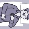 Illustration of a man and woman laying on the floor with one hand on their chest and the other on their belly