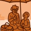 Illustration of a grandparent with their grandchild picnicking under an umbrella