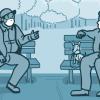Illustration of two men wearing masks while sitting on park benches six feet apart Illustration of two men wearing masks while sitting on park benches six feet apart