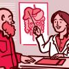 Illustration of a doctor showing their patient a diagram of the liver Illustration of a doctor showing their patient a diagram of the liver