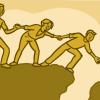 Illustration of a group of people helping a person over a crevice on a mountain Illustration of a group of people helping a person over a crevice on a mountain