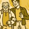 Illustration of an older man with cane walking with his son outside Illustration of an older man with cane walking with his son outside