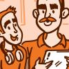Illustration of a father and son watching a tablet together on the couch Illustration of a father and son watching a tablet together on the couch