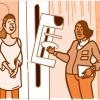 Illustration of a doctor showing a female patient a mammogram machine Illustration of a doctor showing a female patient a mammogram machine