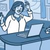 Illustration of a woman video chatting on a laptop while her son plays in the kitchen Illustration of a woman video chatting on a laptop while her son plays in the kitchen