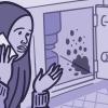 Illustration of a woman talking on the phone while looking at mold under the sink