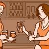 Illustration of a woman declining a drink offered by her friend Illustration of a woman declining a drink offered by her friend