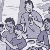 Group of friends taking a selfie outside at a picnic table