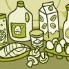 Illustration of the sun shining down on foods with vitamin D Illustration of the sun shining down on foods with vitamin D, including milks, eggs, cereal, fish, and mushrooms.