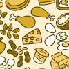 Illustration of various different types of healthy foods: vegetables, fruits, dairy products, grains, oils, and proteins. Illustration of various different types of healthy foods: vegetables, fruits, dairy products, grains, oils, and proteins.