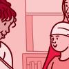 Illustration of a child with cancer sitting on their mother’s lap, while she talks with the doctor Illustration of a child with cancer sitting on their mother’s lap, while she talks with the doctor
