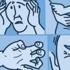 Four panels illustrating different uses for botox- Top left-headache; Top right-stomach pain; Lower left-fingers curled; Lower right- eye wrinkles Four panels illustrating different uses for botox- Top left-headache; Top right-stomach pain; Lower left-fingers curled; Lower right- eye wrinkles.