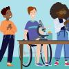 Illustration of three kids doing science in a lab Illustration of three kids doing science in a lab.
