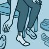 Illustration of a woman at a shoe store trying on shoes Illustration of a woman at a shoe store trying on shoes.