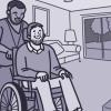 Illustration of a health care worker pushing a person with ALS in a wheelchair Illustration of a health care worker pushing a person with ALS in a wheelchair.