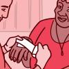 Illustration of a person bandaging a woman’s hand Illustration of a person bandaging a woman’s hand.