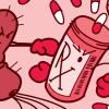 Illustration of a bacterium boxing with a prescription bottle Illustration of a bacterium boxing with a prescription bottle.