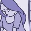 Illustration of a woman grabbing the back of a chair, while having trouble breathing.
