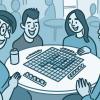 Illustration of a group playing a board game at a community center.