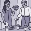 Illustration of a family at the dinner table, with the grandfather holding a cane and the son showing his overextended arm.