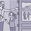 Illustration of a mom holding a tablet while showing her daughter the kids outside, while the child rubs her eyes.