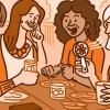 Illustration of four woman having lunch, with one holding a fan.
