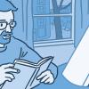 Illustration of a person reading a book while doing light therapy at a table.