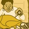Illustration of a woman taking the temperature of a turkey in the oven.