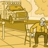 Illustration of a man sitting on a park bench with his hand on his head waiting for an ambulance, with a person comforting him.